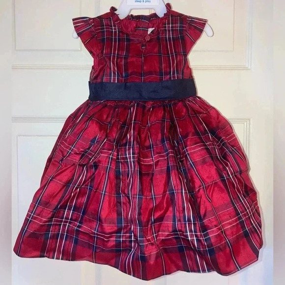 Baby Girl JANIE AND JACK red Blue 100% Silk Plaid Holiday